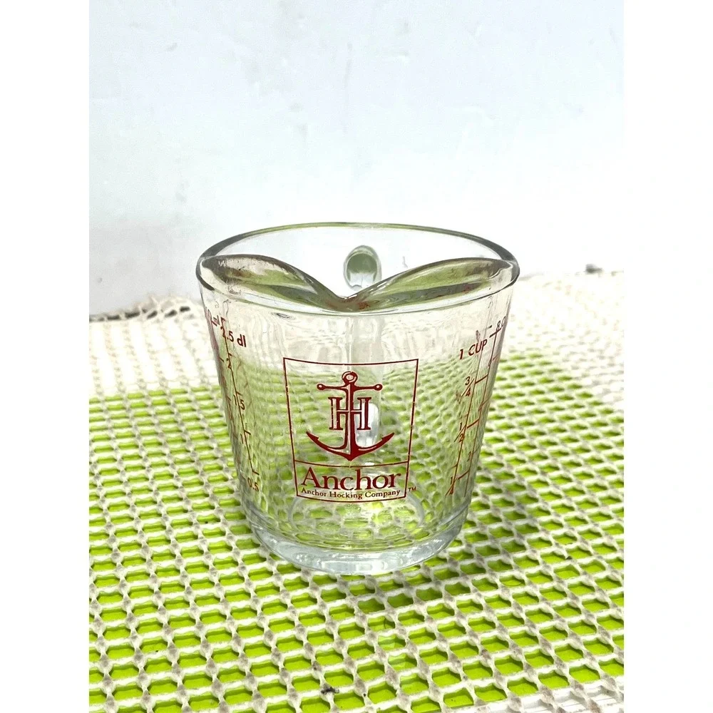 Vintage‎ Anchor Hocking Glass Measuring Cup 1 Cup 8 oz Red Lettering Open Handle